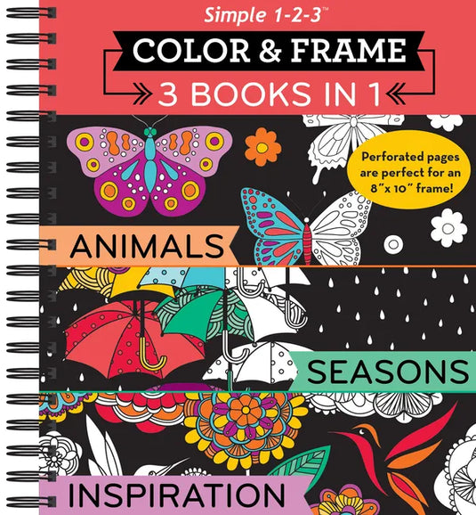 Color & Frame - 3 Books in 1 - Animals, Seasons, Inspiration (Adult Coloring Book) - Spiral