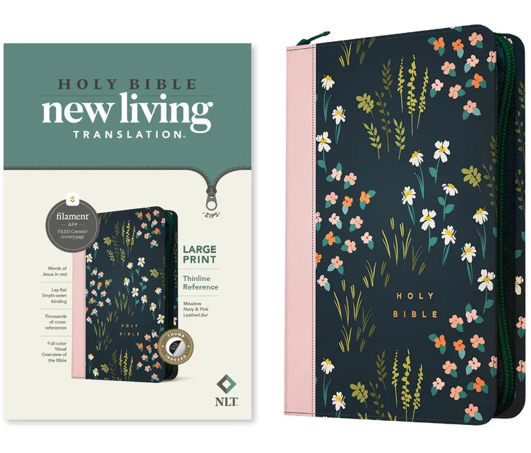 NLT Large Print Thinline Reference Zipper Bible, Filament Enabled (Leatherlike, Meadow Navy & Pink, Indexed, Red Letter) - Imitation Leather