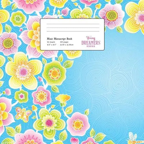 Music Manuscript Book: Floral Pattern on Blue, Large Kids Stave Paper - Paperback