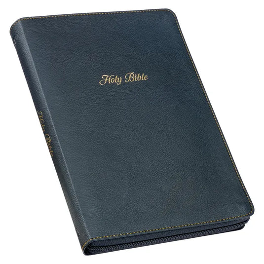 KJV Holy Bible, Thinline Large Print Faux Leather Red Letter Edition Thumb Index & Ribbon Marker, King James Version, Black, Zipper Closure - Leather