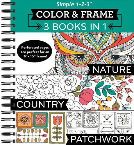Color & Frame - 3 Books in 1 - Nature, Country, Patchwork (Adult Coloring Book) - Spiral