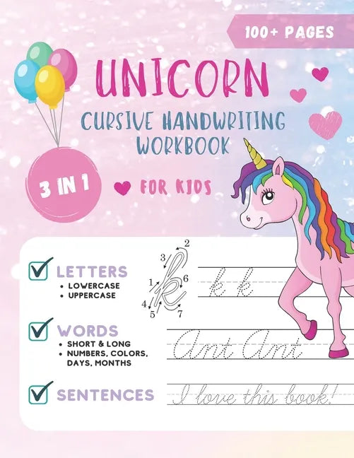 Unicorn Cursive Handwriting Workbook for Kids: Cursive Handwriting Practice Book for Kids Grade 1-5 3 in 1 Learning Cursive Handwriting Workbook for G - Paperback
