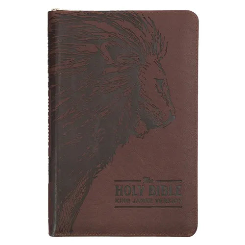 KJV Holy Bible, Standard Size Faux Leather Red Letter Edition - Thumb Index & Ribbon Marker, King James Version, Brown Lion Zipper Closure - Leather