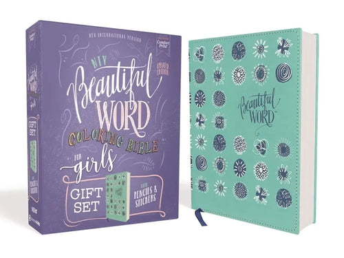 Niv, Beautiful Word Coloring Bible for Girls Pencil/Sticker Gift Set, Updated, Leathersoft Over Board, Teal, Comfort Print: 600+ Verses to Color - Hardcover