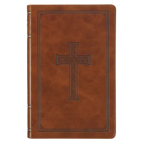 KJV Holy Bible, Standard Size Faux Leather Red Letter Edition Thumb Index, Ribbon Marker, King James Version, Honey Brown Cross Emblem - Leather