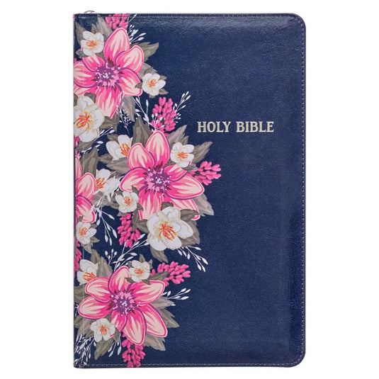KJV Holy Bible Standard Size Faux Leather Red Letter Edition Thumb Index & Ribbon Marker, King James Version, Blue Floral, Zipper Closure - Leather