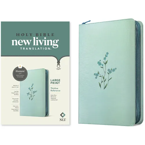 NLT Large Print Thinline Reference Zipper Bible, Filament Enabled (Leatherlike, Baby Blue Blossoms, Red Letter) - Imitation Leather