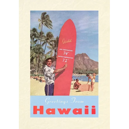 Vintage Lined Notebook Greetings from Hawaii, Long Board with Temperatures - Paperback