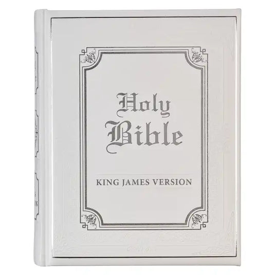 KJV Holy Bible, Classically Illustrated Heirloom Family Bible, Faux Leather Hardcover - Ribbon Markers, King James Version, White/Silver - Leather