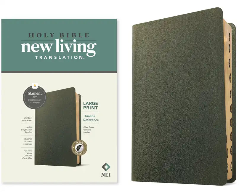 NLT Large Print Thinline Reference Bible, Filament Enabled (Genuine Leather, Olive Green, Indexed, Red Letter) - Leather