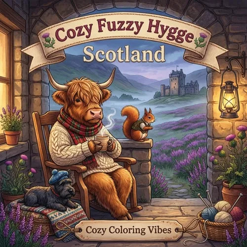 Cozy Fuzzy Hygge Scotland: Easy Bold Line Design Adorable Animal Coloring Book for Adults Rustic Highland Travel Retreats, Countryside, Misty Mountain - Paperback