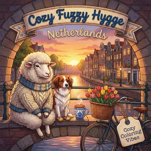 Cozy Fuzzy Hygge Netherlands: Fun Easy Bold Line Design Dutch Coloring Book Peaceful Village Life, Adorable Animal Travel Scenes Creative Screen-Free - Paperback