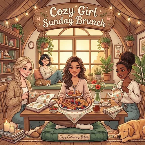 Cozy Girl Sunday Brunch: Cute Comfy Homebody Coloring Book for Adults & Teens Easy Bold Line Hygge Design & Relaxing Home Scenes, Daily Good Vibe Comf - Paperback