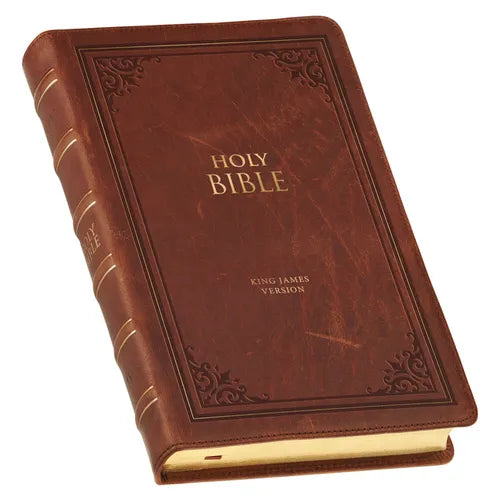 KJV Holy Bible, Standard Size Premium Full Grain Leather Red Letter Edition - Thumb Index & Ribbon Marker, King James Version, Brown Debossed - Leather