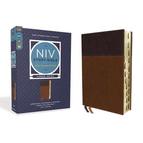 NIV Study Bible, Fully Revised Edition, Large Print, Leathersoft, Brown, Red Letter, Thumb Indexed, Comfort Print - Imitation Leather