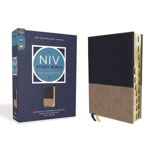NIV Study Bible, Fully Revised Edition, Leathersoft, Navy/Tan, Red Letter, Thumb Indexed, Comfort Print - Imitation Leather