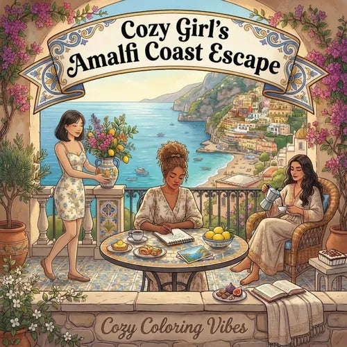 Cozy Girl's Amalfi Coast Escape: Easy Bold Line Design Comfy Coloring Book for Adults Italy Summer Travel, Italian Cafes, Terrace Views Cute Creative - Paperback