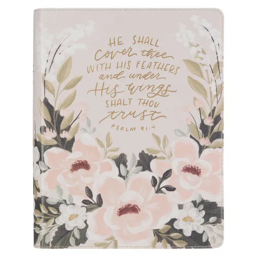 KJV Bible Note-Taking Faux Leather Under His Wings, Cream Floral Printed Ps. 91:4 - Leather