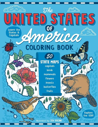 The United States of America Coloring Book: Fifty State Maps with Capitals and Symbols like Motto, Bird, Mammal, Flower, Insect, Butterfly or Fruit - Paperback