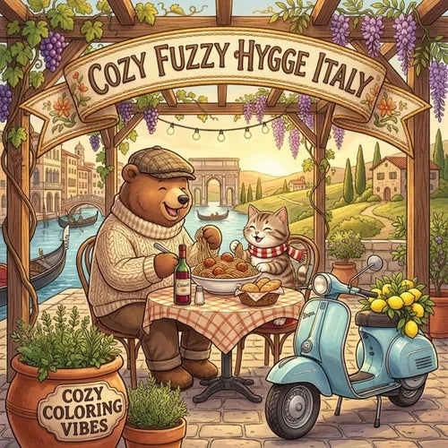 Cozy Fuzzy Hygge Italy: Relaxing Easy Bold Line Design Art Coloring Book Fun Italian Cute Animal Storybook Travel Scenes Creative Screen-Free Wellness - Paperback