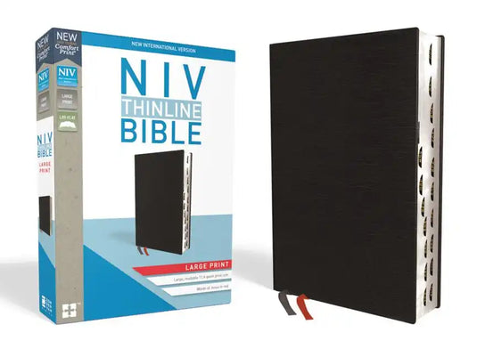 NIV, Thinline Bible, Large Print, Bonded Leather, Black, Indexed, Red Letter Edition - Bonded Leather