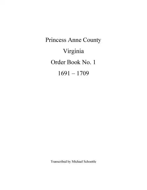 Princess Anne County Order Book 1, 1691 - 1709 - Paperback