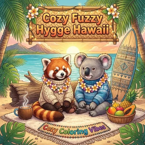 Cozy Fuzzy Hygge Hawaii: Easy Bold Line Coloring Book Tropical Island Serenity, Luau Nights, Palm Tree Breezes, Beach Bungalows & Plush Animal Paradis - Paperback