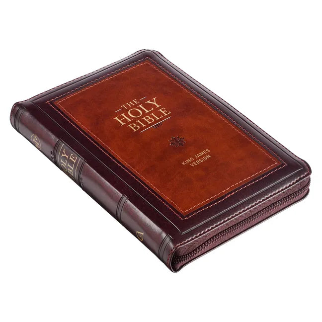 KJV Holy Bible, Compact Faux Leather Red Letter Edition - Ribbon Marker, King James Version, Burgundy/Saddle Tan, Zipper Closure - Leather