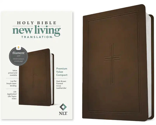 NLT Premium Value Compact Bible, Filament Enabled (Leatherlike, Dark Brown Framed Cross) - Imitation Leather