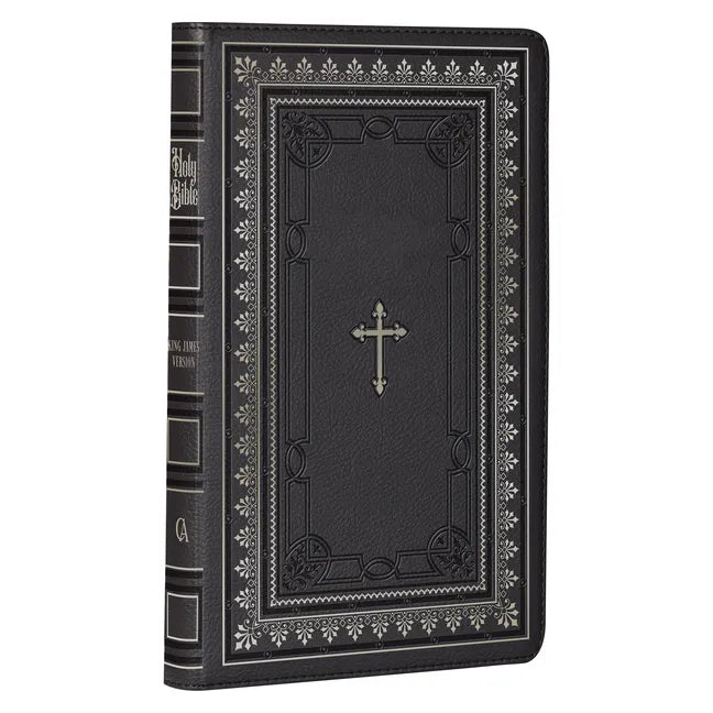 KJV Holy Bible Standard Size Faux Leather Red Letter Edition - Thumb Index & Ribbon Marker, King James Version, Black/Gold Cross - Leather