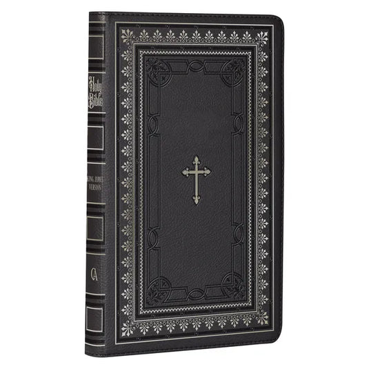 KJV Holy Bible Standard Size Faux Leather Red Letter Edition - Thumb Index & Ribbon Marker, King James Version, Black/Gold Cross - Leather