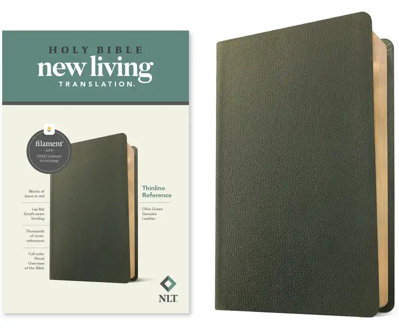 NLT Thinline Reference Bible, Filament Enabled (Genuine Leather, Olive Green, Red Letter) - Leather