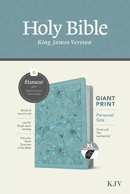 KJV Personal Size Giant Print Bible, Filament Enabled (Leatherlike, Floral Leaf Teal, Indexed, Red Letter) - Imitation Leather