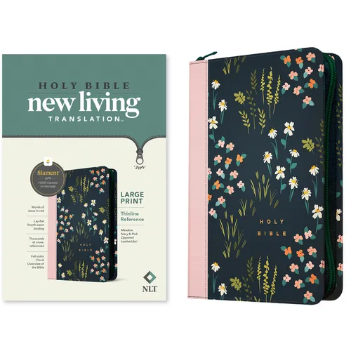 NLT Large Print Thinline Reference Zipper Bible, Filament Enabled (Leatherlike, Meadow Navy & Pink, Red Letter) - Imitation Leather