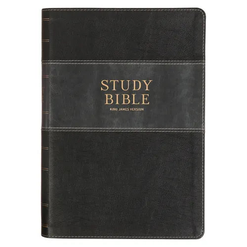 KJV Study Bible, Large Print King James Version Holy Bible, Thumb Tabs, Ribbons, Vegan Leather, Black/Gray Two-Tone - Leather