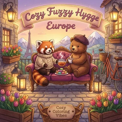 Cozy Fuzzy Hygge Europe: Easy Bold Line Cute Animal Coloring Book for Adults Cafes, Retreats, Stress Relief, Canal & Fun Storybook Travel Escapes Rela - Paperback