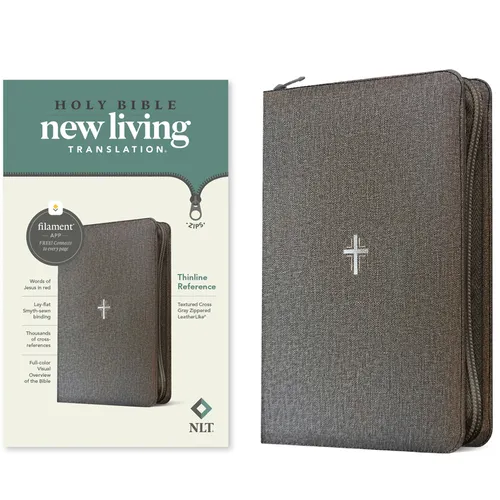 NLT Thinline Reference Zipper Bible, Filament Enabled (Leatherlike, Textured Cross Gray, Red Letter)